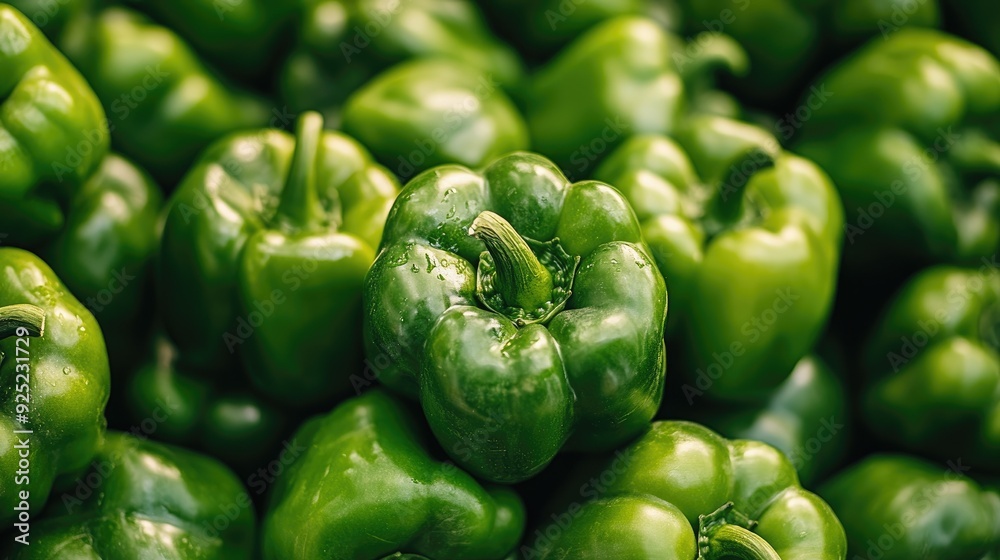 A vibrant pile of green peppers stacked on top of each other, showcasing their fresh, glossy texture and bright color A vibrant pile of green peppers stacked on top of each other, showcasing their fresh, glossy texture and bright color