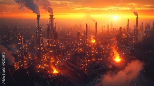 Industrial refinery at sunset with fiery glow - generative ai