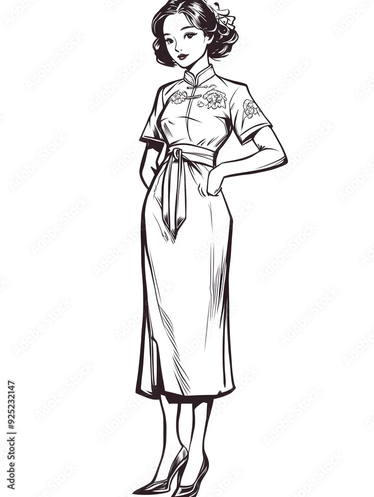 Elegant Woman in a Cheongsam Dress Illustration Elegant Woman in a Cheongsam Dress Illustration