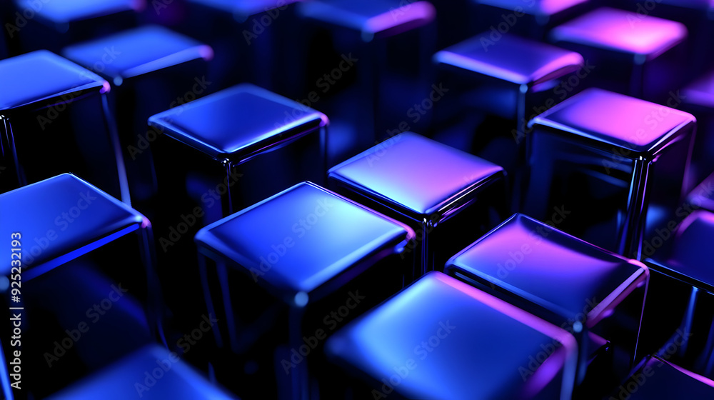 A close-up view of glossy, reflective cubes in vibrant blue and purple hues. A close-up view of glossy, reflective cubes in vibrant blue and purple hues.