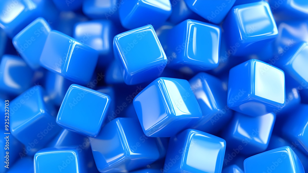 A close-up view of numerous shiny blue cubes stacked together. A close-up view of numerous shiny blue cubes stacked together.