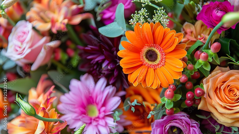 Bright bouquet of fresh flowers light by the sun with a vibrant variety of petals and foliage Bright bouquet of fresh flowers light by the sun with a vibrant variety of petals and foliage