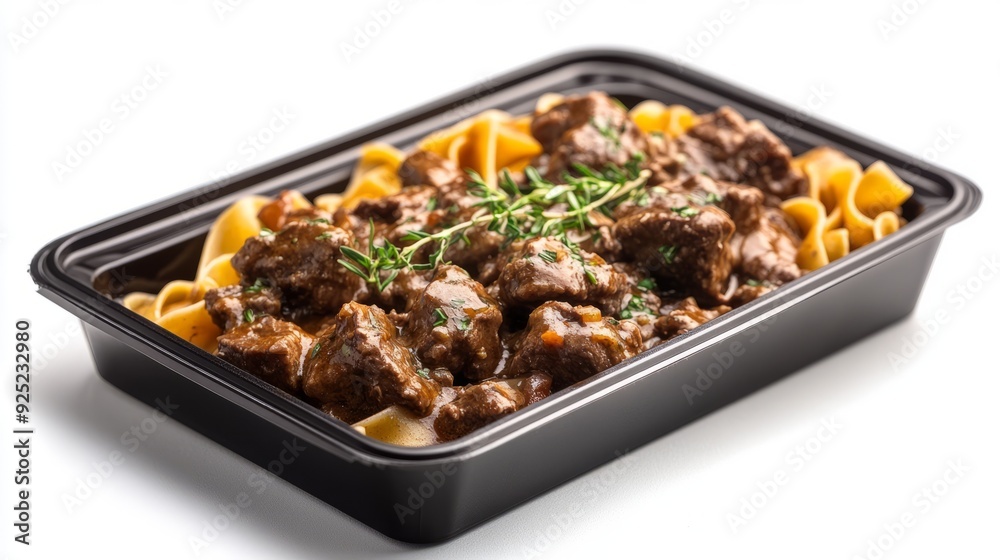 Delicious Beef Stroganoff with Pasta in a Black Container - Food Photography Delicious Beef Stroganoff with Pasta in a Black Container - Food Photography