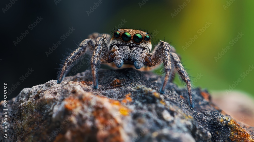 A tight shot of a jumping spider atop a rock, background softly blurred A tight shot of a jumping spider atop a rock, background softly blurred