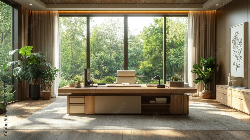 Modern office with greenery and large windows - generative ai Modern office with greenery and large windows - generative ai