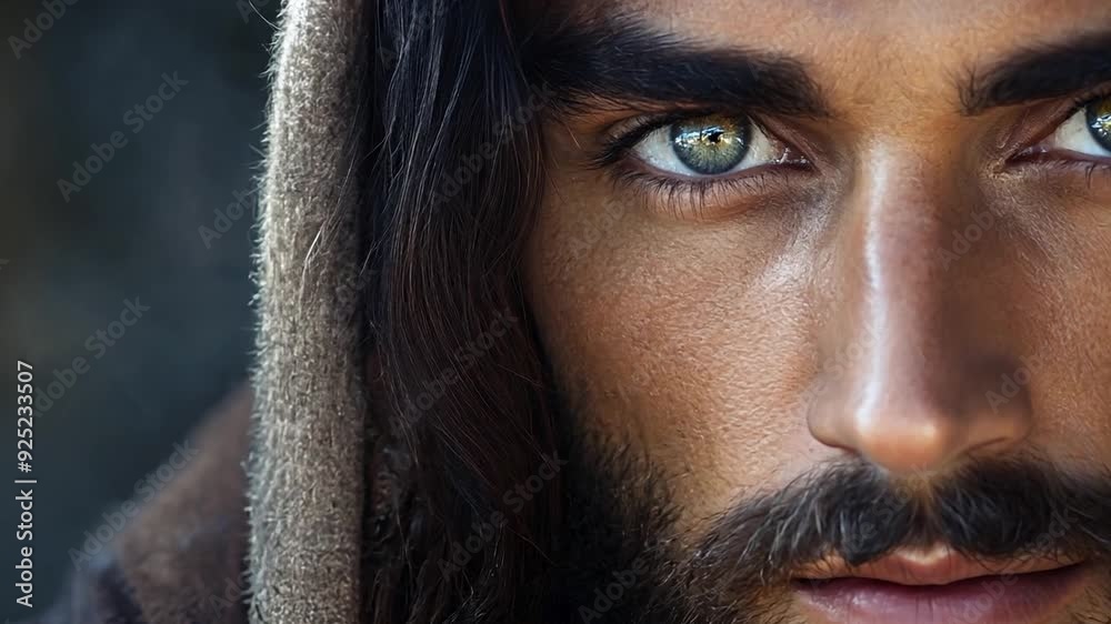 Jesus Christ with long dark hair and a beard looks directly at the camera. He has green eyes and is wearing a brown hooded garment.
