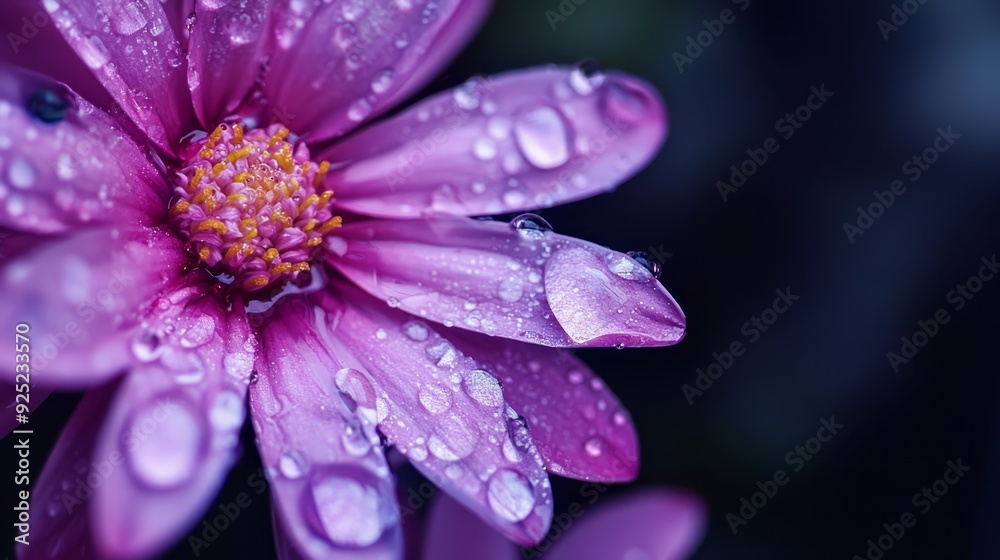 A tight shot of a purple flower, dewdrops glistening on its petals, and a green leaf as backdrop A tight shot of a purple flower, dewdrops glistening on its petals, and a green leaf as backdrop
