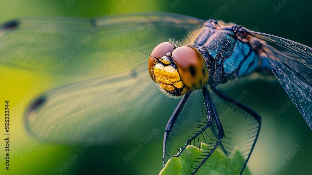 A tight shot of a blue-yellow dragonfly perched on a verdant plant, displaying its expansive wings A tight shot of a blue-yellow dragonfly perched on a verdant plant, displaying its expansive wings