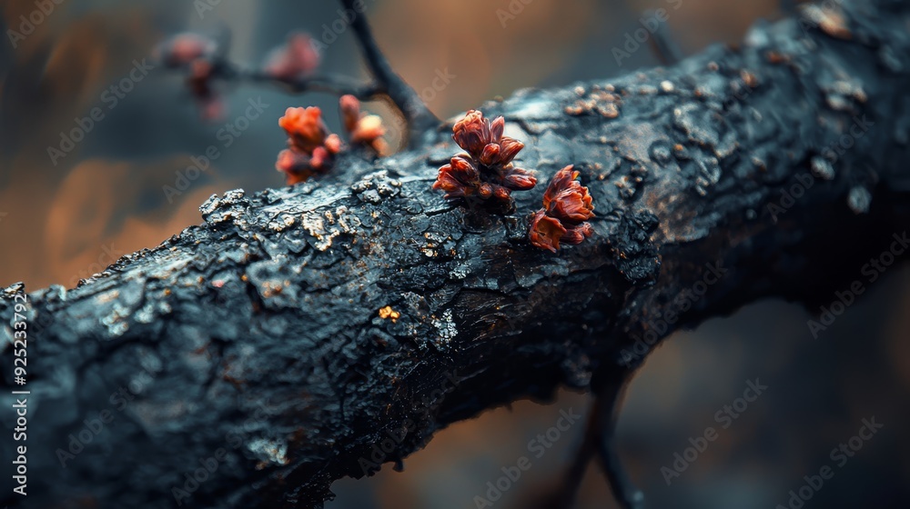 A tree branch with small red blooms against a softly blurred backdrop of green leaves A tree branch with small red blooms against a softly blurred backdrop of green leaves