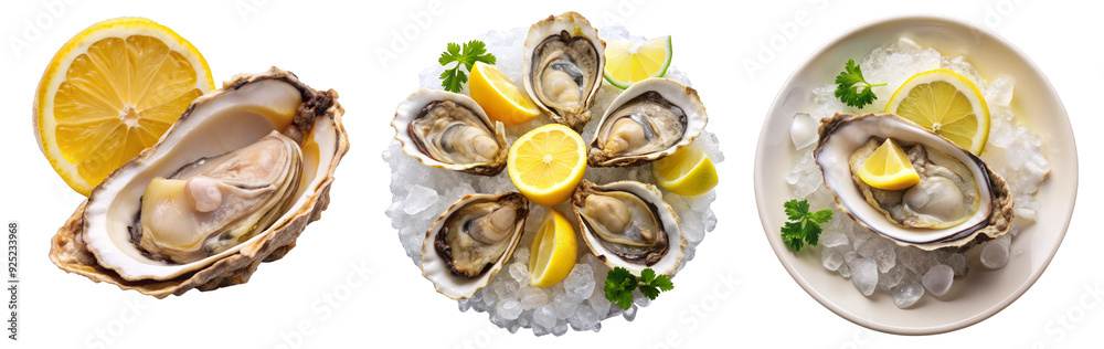 Plate of Fresh Oysters on Half Shell with Lemon and Herbs on Transparent Background Plate of Fresh Oysters on Half Shell with Lemon and Herbs on Transparent Background