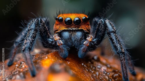  A tight shot of a jumping spider perched on orange-black fabric, backdrop softly blurred