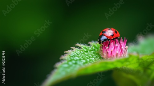  A ladybug atop a pink flower, perched on a verdant leaf, with raindrops photo