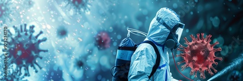 Man in virus protective suit and mask, actively spraying and cleaning an infected area, emphasizing