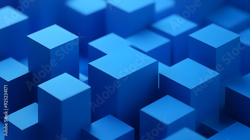 A close-up view of various blue geometric blocks arranged in a dynamic pattern.