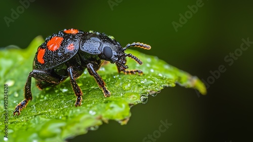  A tight shot of a red-and-black insect on a verdant leaf, speckled with water droplets