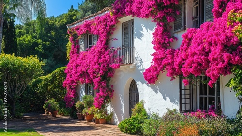 A white house with vibrant pink flowers cascading down its side, creating a picturesque scene in a garden setting