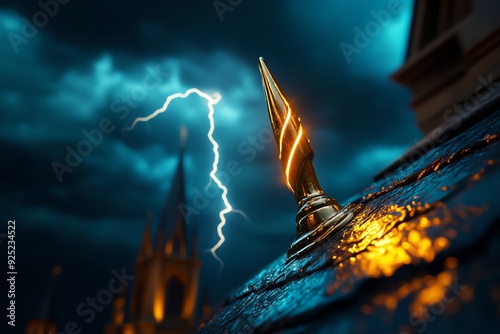 A golden spire on a rooftop is struck by lightning during a stormy night. photo