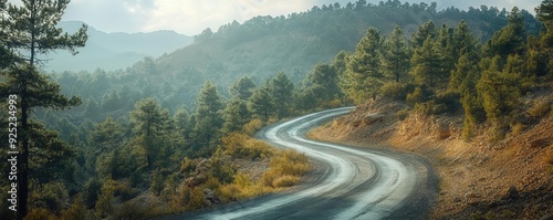 Road winding up a pine-covered hill, sense of ascent and journey photo