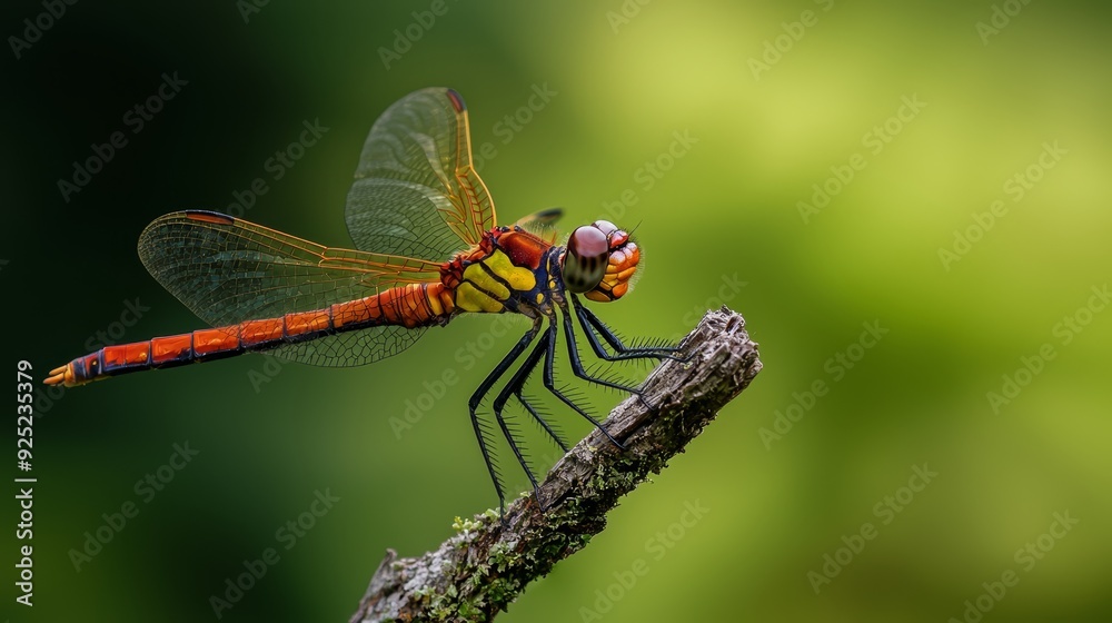 A dragonfly up-close on a branch against a green backdrop, background softly blurred A dragonfly up-close on a branch against a green backdrop, background softly blurred