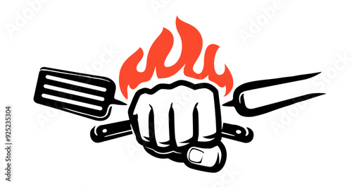 Barbecue fork and spatula in hand. Bbq grill logo and emblem. Symbol vector illustration for restaurant menu