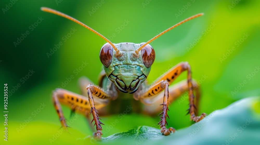 A crisp close-up of a grasshopper atop a verdant leaf, surrounded by a softly blurred backdrop of green foliage A crisp close-up of a grasshopper atop a verdant leaf, surrounded by a softly blurred backdrop of green foliage