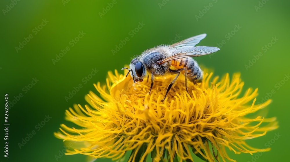 A bee up close on a dandelion flower against a softly blurred foreground A bee up close on a dandelion flower against a softly blurred foreground