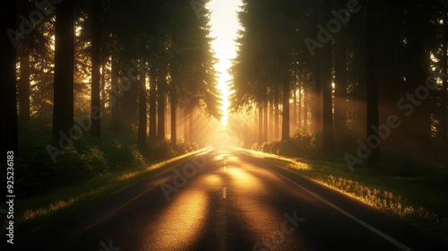 Sunlight filtering through pine trees onto a quiet forest road, tranquil and scenic