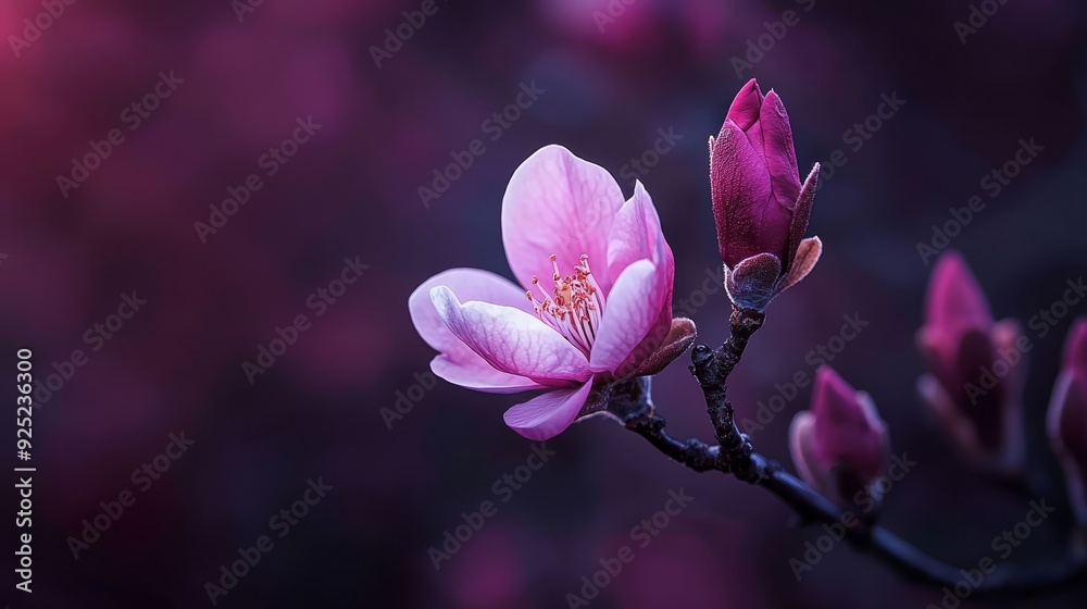 A pink flower, tightly framed, on a tree branch against a softly blurred backdrop of leafy branches and intertwining foliage A pink flower, tightly framed, on a tree branch against a softly blurred backdrop of leafy branches and intertwining foliage
