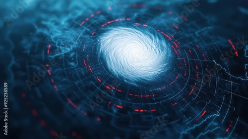Digital weather map showing storm tracks, atmospheric warning system, 3D illustration