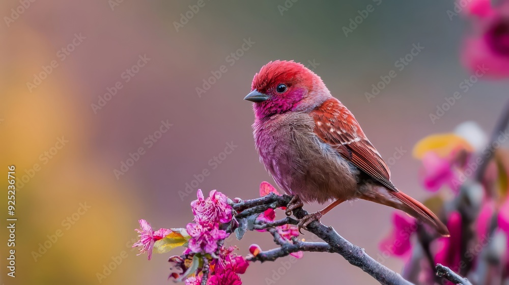 A small bird perches on a tree branch, surrounded by pink flowers in the foreground The background is softly blurred A small bird perches on a tree branch, surrounded by pink flowers in the foreground The background is softly blurred