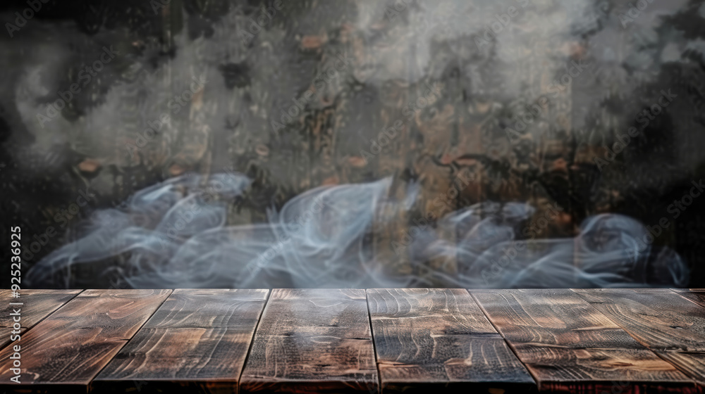 An empty tabletop with wood texture steam or smoke displayed on a black background. Foreground view of an empty desk with wood texture surface An empty tabletop with wood texture steam or smoke displayed on a black background. Foreground view of an empty desk with wood texture surface