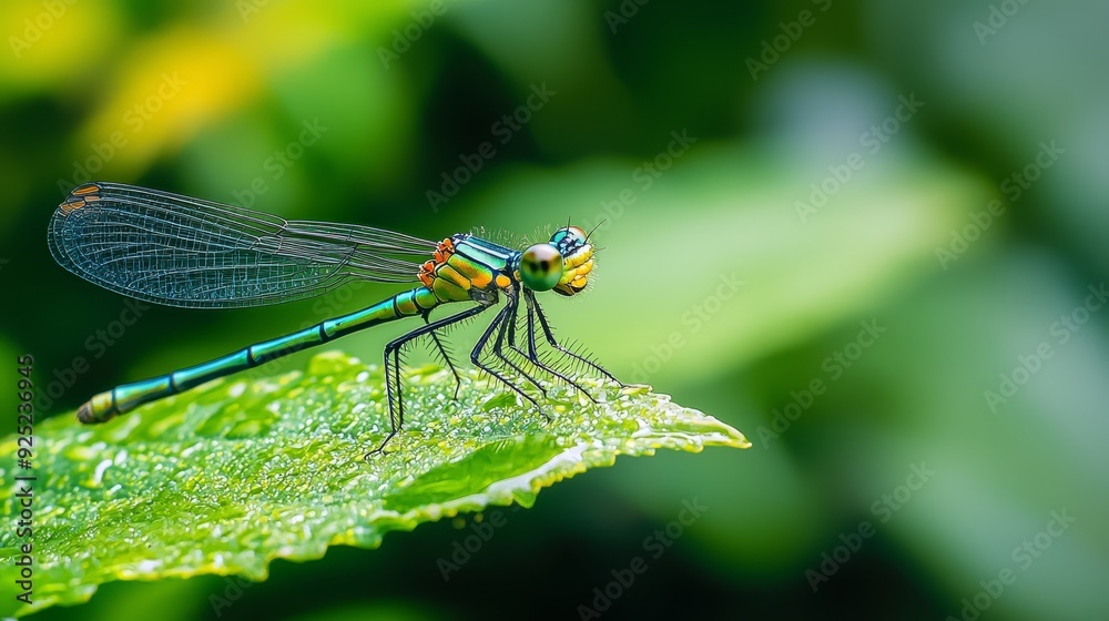 A dragONfly, closely captured, perches on a verdant leaf, its wings dotted with water droplets A dragONfly, closely captured, perches on a verdant leaf, its wings dotted with water droplets