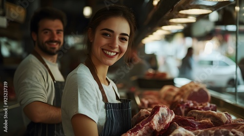 Meat counter in a butcher shop, with a smiling female and male butchers wearing aprons behind the meat display case, which contains various types of meat.
