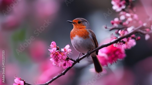  A small bird perches on a tree branch, surrounded by pink flowers in the foreground, while the background softly blurs