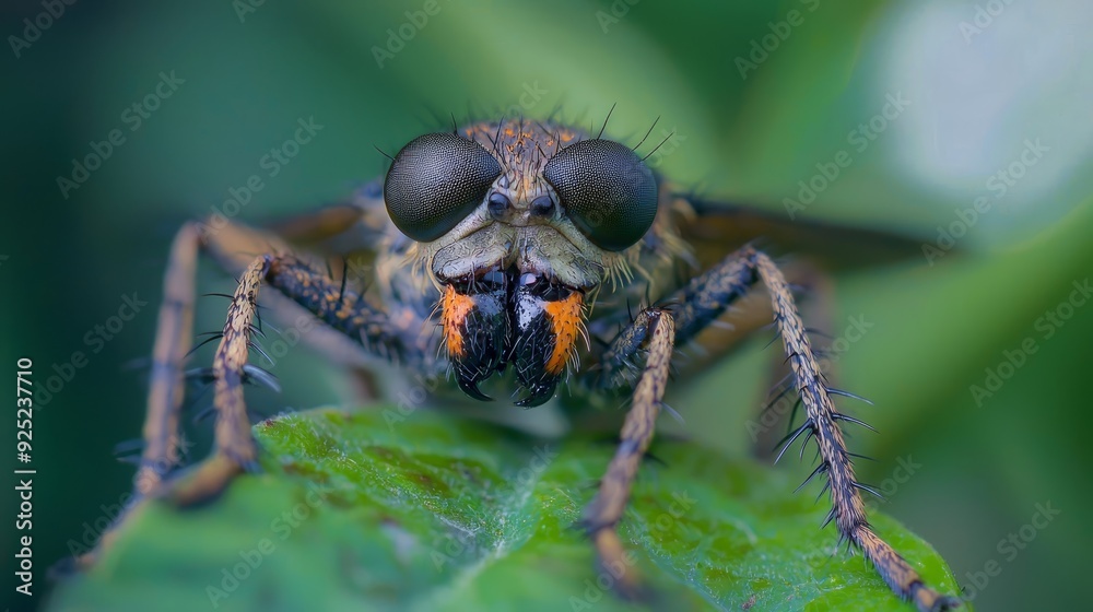 A close-up of a jumping spider jumping on a green leaf with orange and black spots on its eyes A close-up of a jumping spider jumping on a green leaf with orange and black spots on its eyes