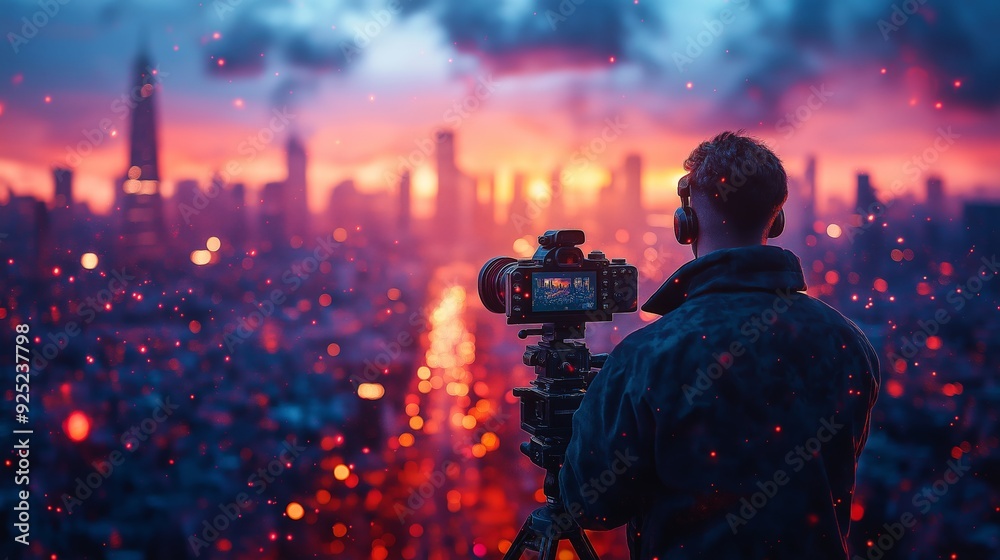 Filmmaker Capturing a Vibrant Cityscape at Sunrise with a Professional Camera, Framed by a Stunning Red and Purple Sky, Conveying the Magic of Urban Storytelling Filmmaker Capturing a Vibrant Cityscape at Sunrise with a Professional Camera, Framed by a Stunning Red and Purple Sky, Conveying the Magic of Urban Storytelling