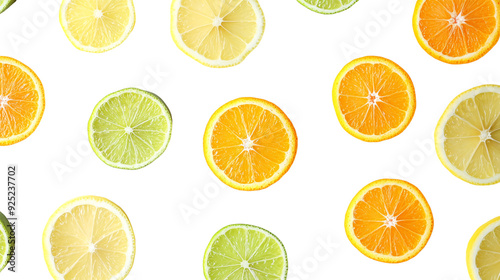 A combination of fresh citrus slices, including lemon, lime, and orange, laid out in overlapping circles, Isolated on transparent background