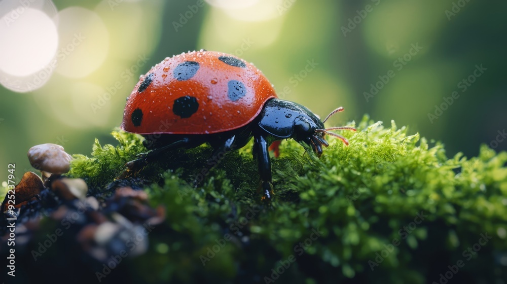 A Ladybug's Close-Up on Mossy Surface with Water Droplets A Ladybug's Close-Up on Mossy Surface with Water Droplets