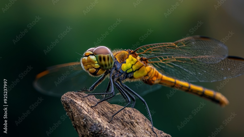 A dragonsfly perched on a log, wings expanded A dragonsfly perched on a log, wings expanded