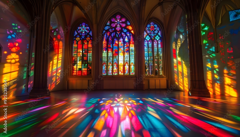 Obraz premium A beautiful cathedral interior with vibrant stained glass windows casting colorful light patterns on the floor.