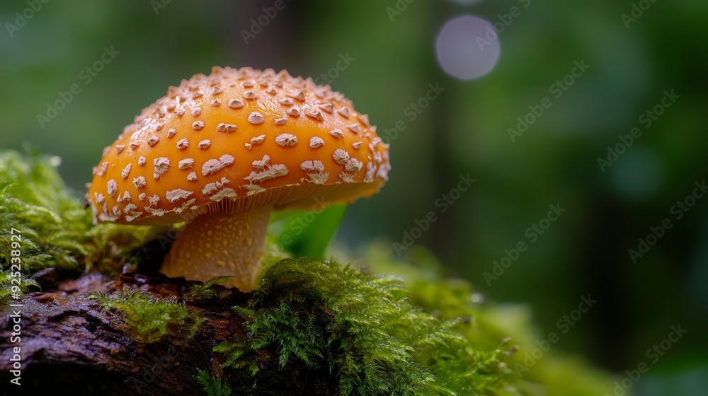 A tight shot of a tiny orange mushroom on mossy ground Surrounding trees fade into a blurry background A tight shot of a tiny orange mushroom on mossy ground Surrounding trees fade into a blurry background