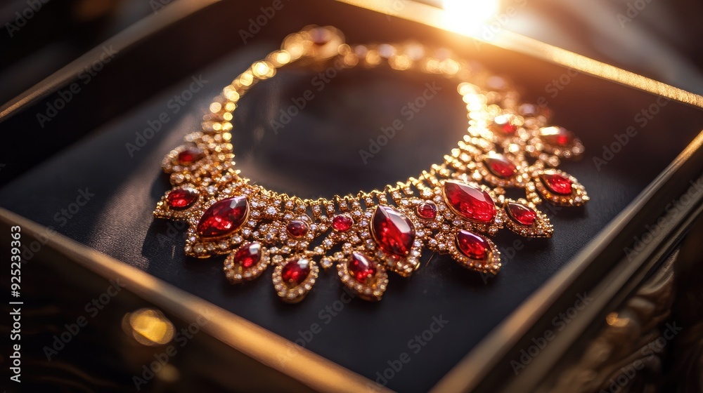 Fototapeta premium An ornate red and gold necklace lying in a display box, with light softly illuminating the metal and gemstones