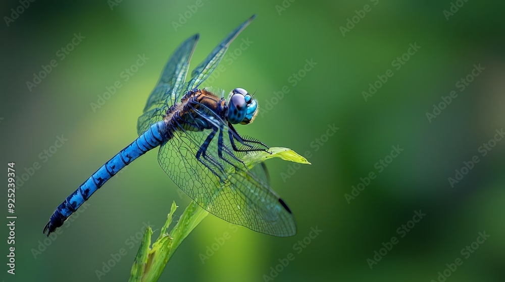 A pair of dragons flies - one blue, one red - perched atop a verdant plant, its green leaves filling the foreground A pair of dragons flies - one blue, one red - perched atop a verdant plant, its green leaves filling the foreground