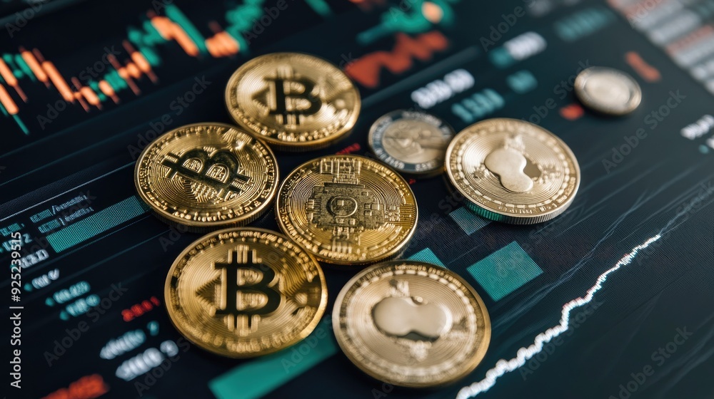 Bitcoin coins stacked on a surface, with market charts and data overlayed, illustrating investment trends Bitcoin coins stacked on a surface, with market charts and data overlayed, illustrating investment trends