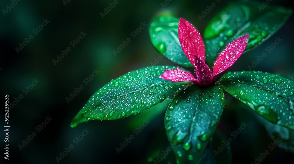 petals dotted with water droplets, a nearby leaf verdant with a scarlet center petals dotted with water droplets, a nearby leaf verdant with a scarlet center