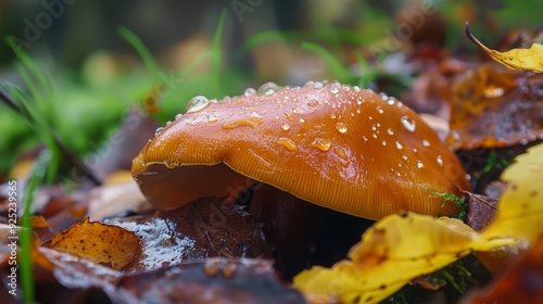  A tight shot of a mushroom capside, dotted with water droplets Surrounding it, scatters of leafy greens photo