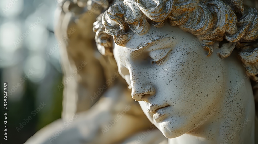 A close-up of a woman's head in a statue, her eyes gently closed, surrounded by trees in the background A close-up of a woman's head in a statue, her eyes gently closed, surrounded by trees in the background