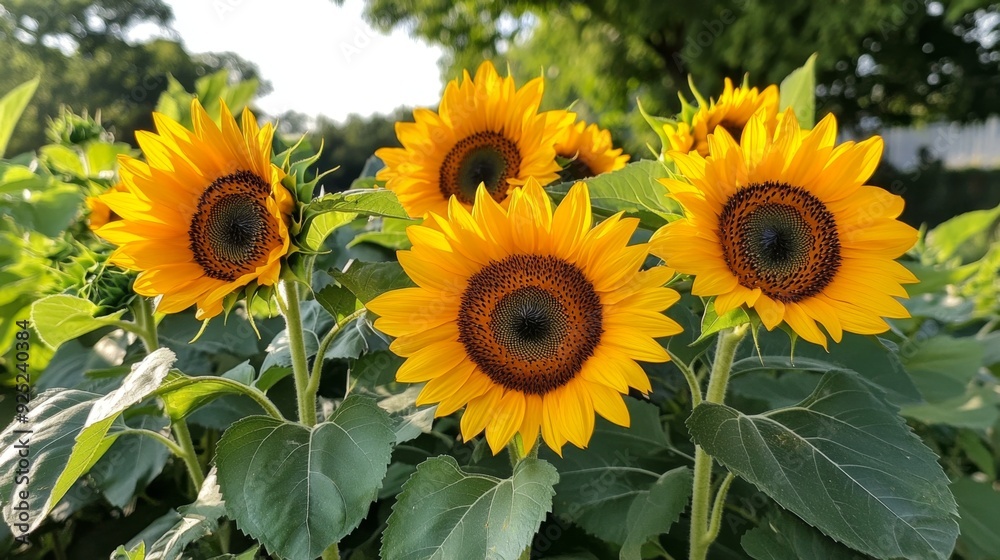 A close-up of a bunch of bright sunflowers with their large, cheerful faces turned towards the sun, surrounded by green leaves and a clear sky. A close-up of a bunch of bright sunflowers with their large, cheerful faces turned towards the sun, surrounded by green leaves and a clear sky.