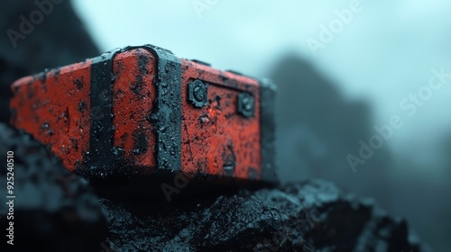  A red-and-black luggage rests atop black rocks in the foggy day's gloom