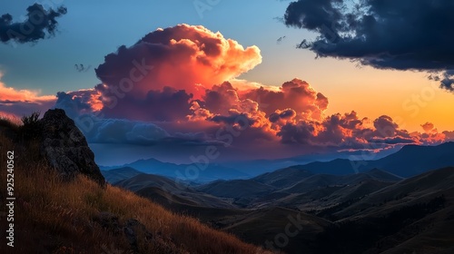  A mountain range at sunset, clouds in the sky, horse and rider in the foreground